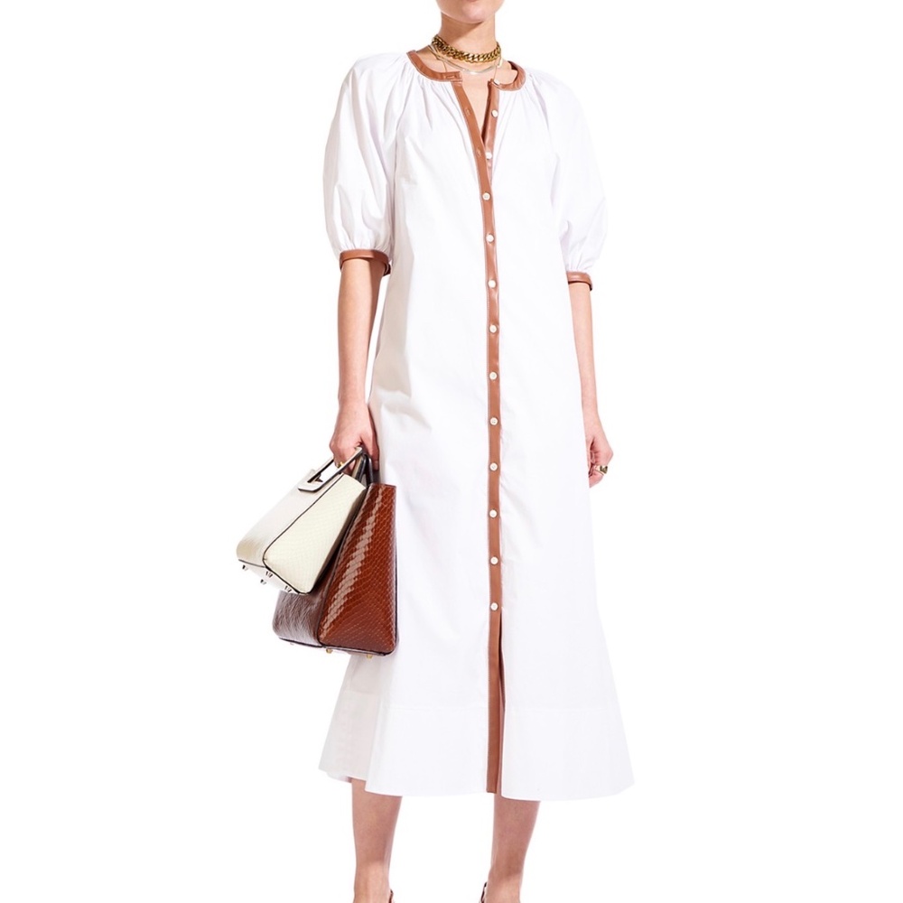 Staud crew neck midi length dress with leather detail